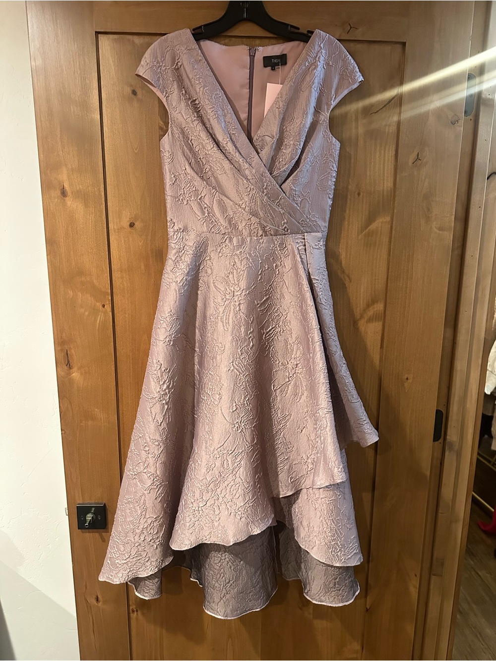 Theia Sevyn Dusty Lavender High-Low Lace and Jacquard Cocktail Dress